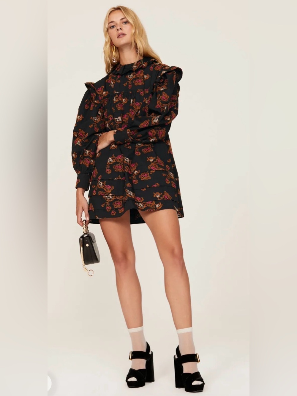 Hofmann Copenhagen, Josefina Black Floral Mini Dress W/ Ruffle Collar 38 (S)